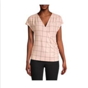 Liz Clairborne V Neck Short Sleve Blouse - Peach Plaid - Women's Size Medium